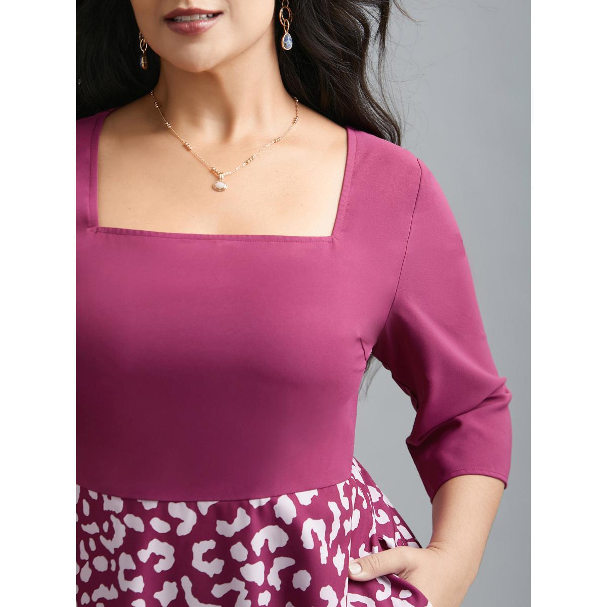 Plus Size Square Neck Contrast Boho Print Midi Dress Deeppurplered Women Elegant Patchwork Square Neck Elbow-length sleeve Curvy BloomChic 30/6X Product Image