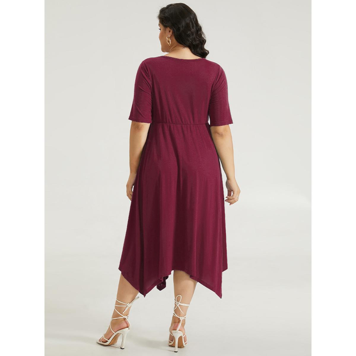 Plus Size Solid Ruched Pocket Asymmetrical Hem Dress Burgundy Women Elegant Gathered V-neck Short sleeve Curvy Midi Dress BloomChic 14-16/1X Product Image