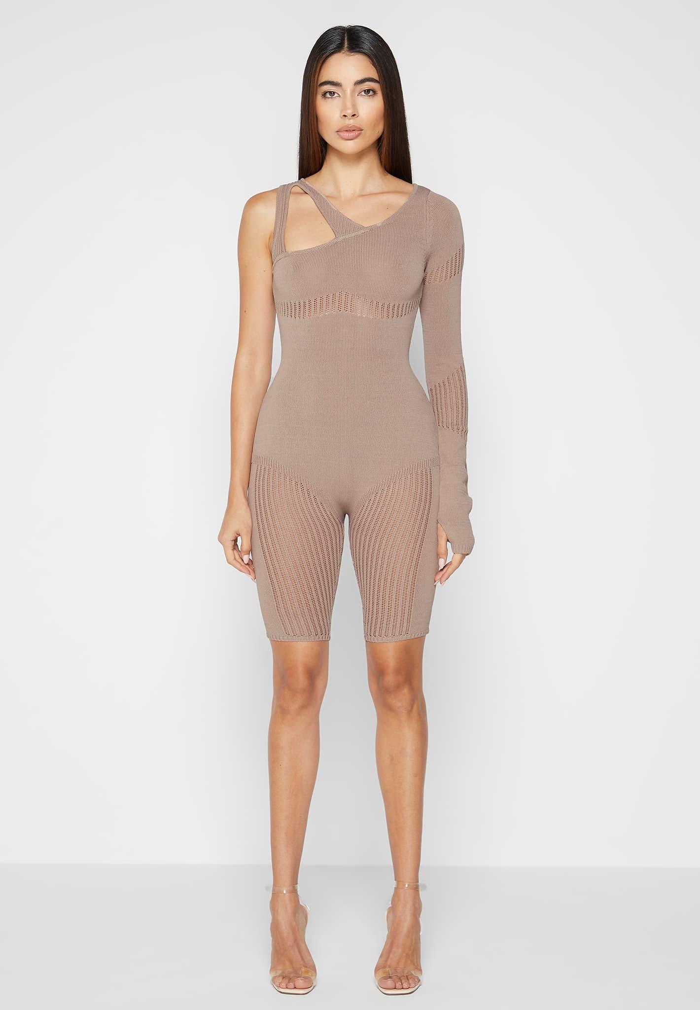 Knitted Contour One Sleeve Playsuit - Taupe Female Product Image