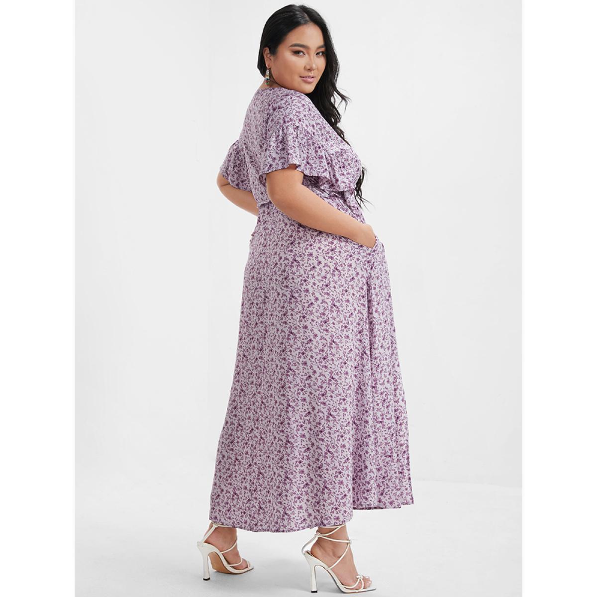 Plus Size Ditsy Floral Ruffles Pocket Button Split Maxi Dress Plum Women Elegant Printed V-neck Cap Sleeve Curvy Long Dress BloomChic 28/5X Product Image
