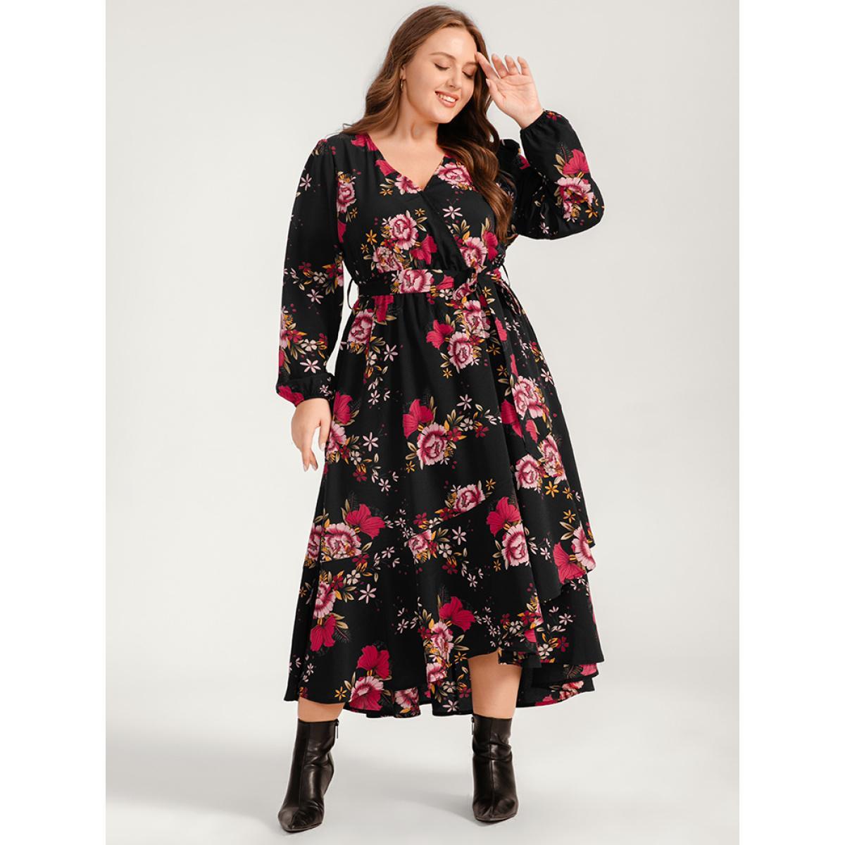 Plus Size Floral Ruffle Lantern Sleeve Pocket Belted Asymmetrical Hem Dress Black Women Elegant Cross straps V-neck Long Sleeve Curvy Long Dress BloomChic 18-20/2X Product Image