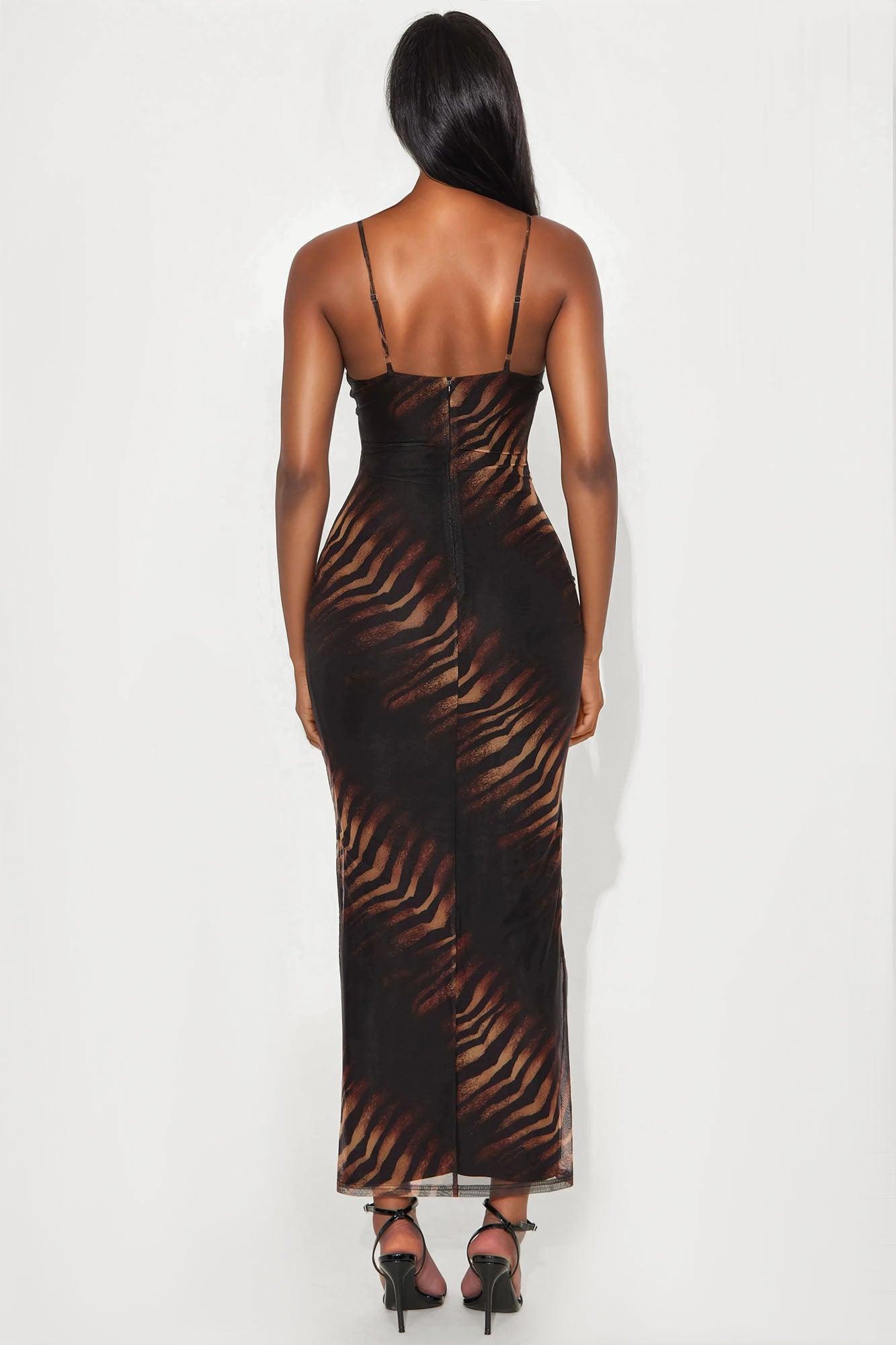 Kaya Tiger Print Mesh Maxi Dress - Brown/combo Product Image