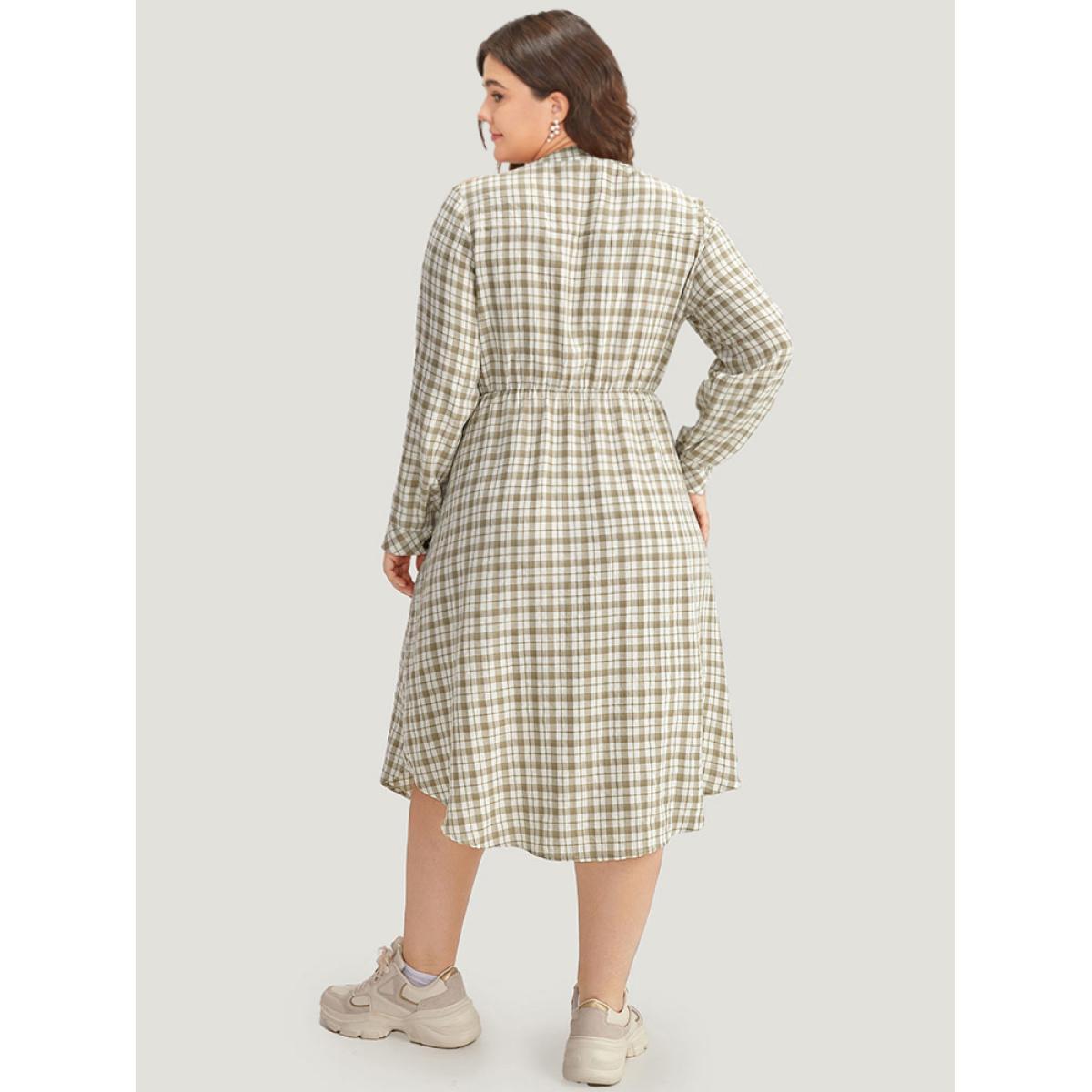 Plus Size Gingham Button Through Arc Hem Dress Sage Women Casual Printed Notched collar Long Sleeve Curvy Midi Dress BloomChic 10/M Product Image