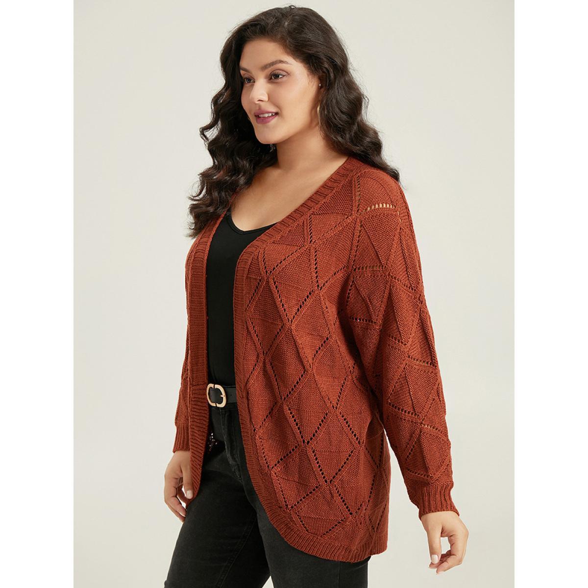 Plus Size Geometric Hollow Out Open Front Cardigan Rust Women Casual Loose Long Sleeve Dailywear Cardigans BloomChic 12/L Product Image
