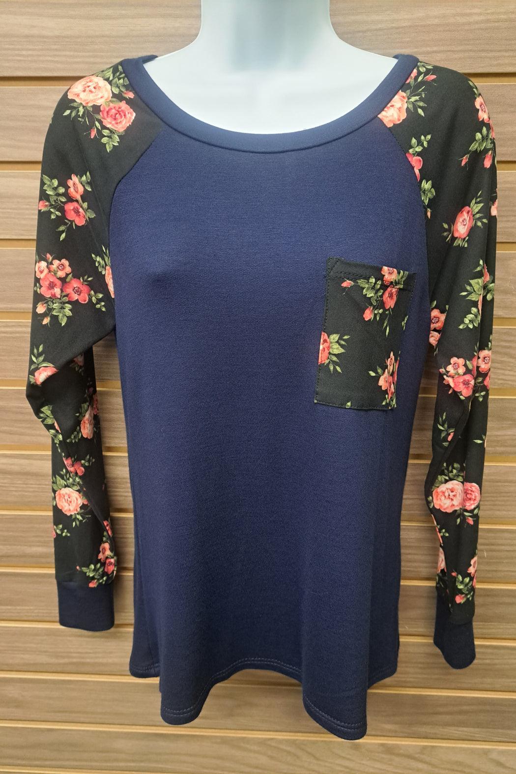 Blue black floral pocket LS top Product Image