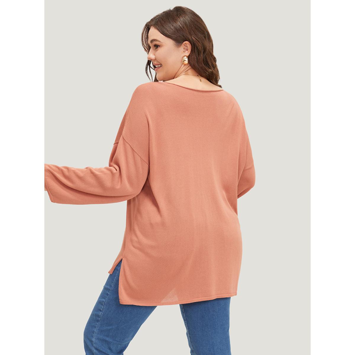 Plus Size Solid Patched Pocket Split Side Pullover OrangeRed Women Casual Loose Long Sleeve Round Neck Everyday Pullovers BloomChic 10/M Product Image