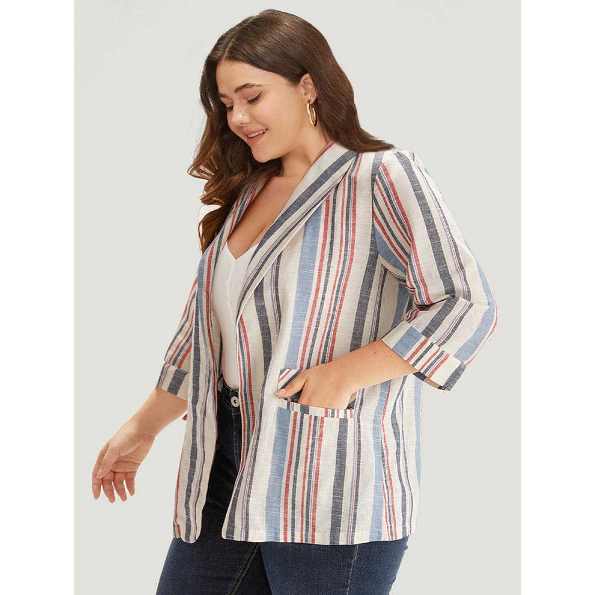 Plus Size Striped Lapel Collar Pocket Open Front Blazer DarkBlue Women Dailywear Striped Pocket Sleeve Elbow-length sleeve Lapel Collar 12/L Pocket Casual Blazers BloomChic Product Image