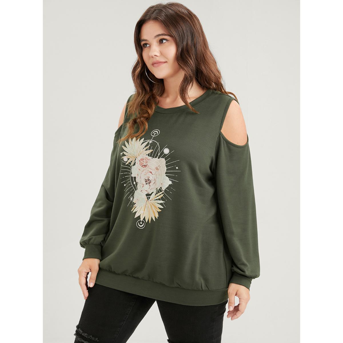 Plus Size Floral Print Cold Shoulder Sweatshirt Women ArmyGreen Elegant Printed Loose Round Neck Dailywear Sweatshirts BloomChic 10/M Product Image