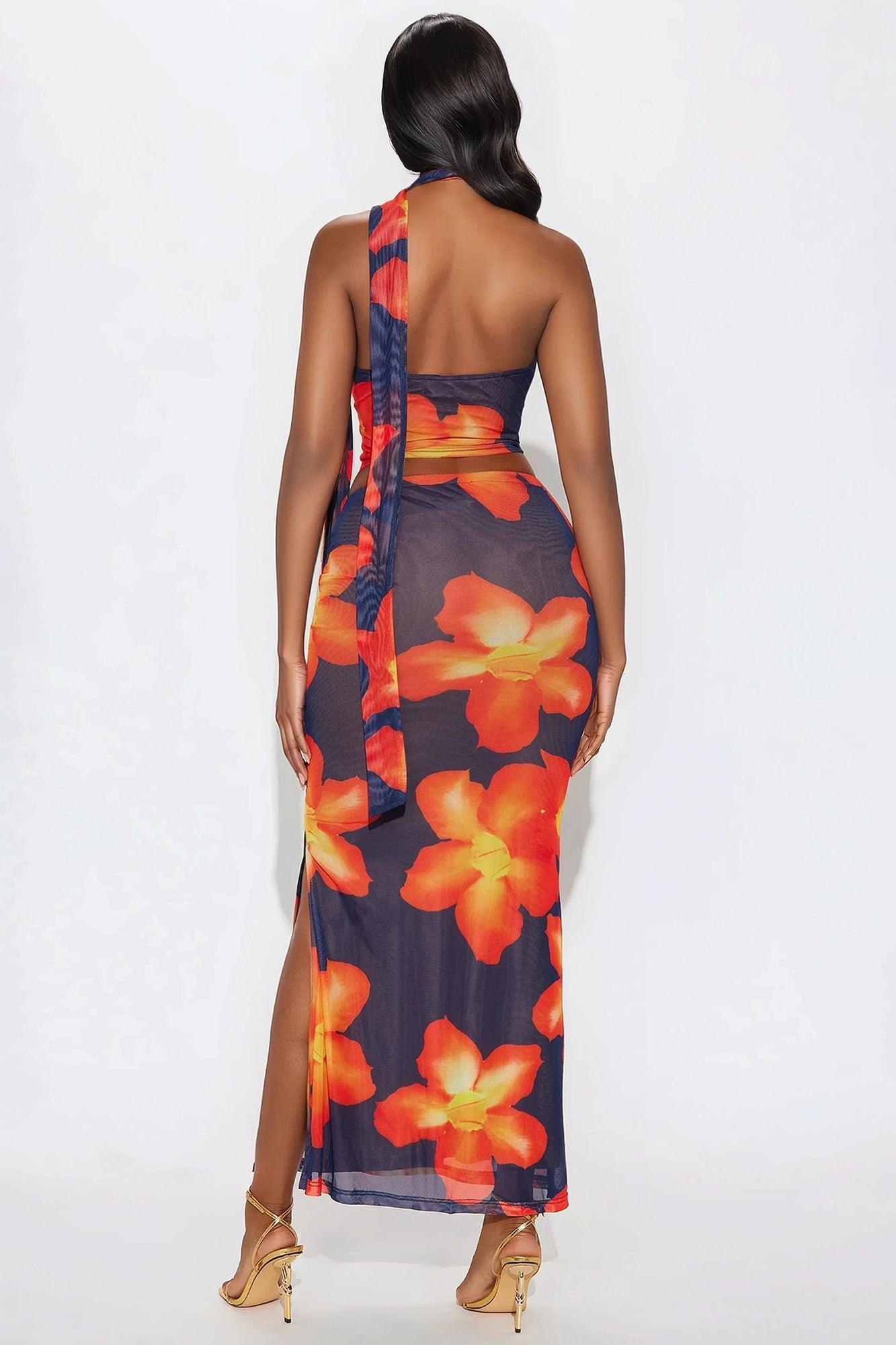 Island Heat 3 Piece Mesh Maxi Skirt Set - Orange/combo Product Image