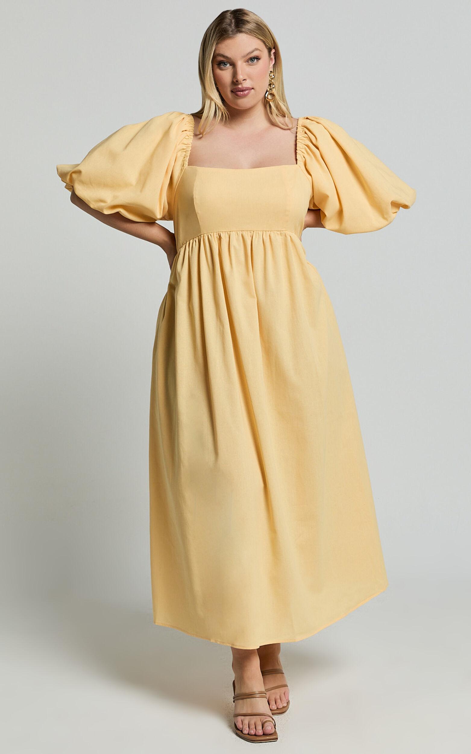 Cenia Midi Dress - Linen Straight Neck Shirred Back Puff Sleeve Dress in Lemon Product Image