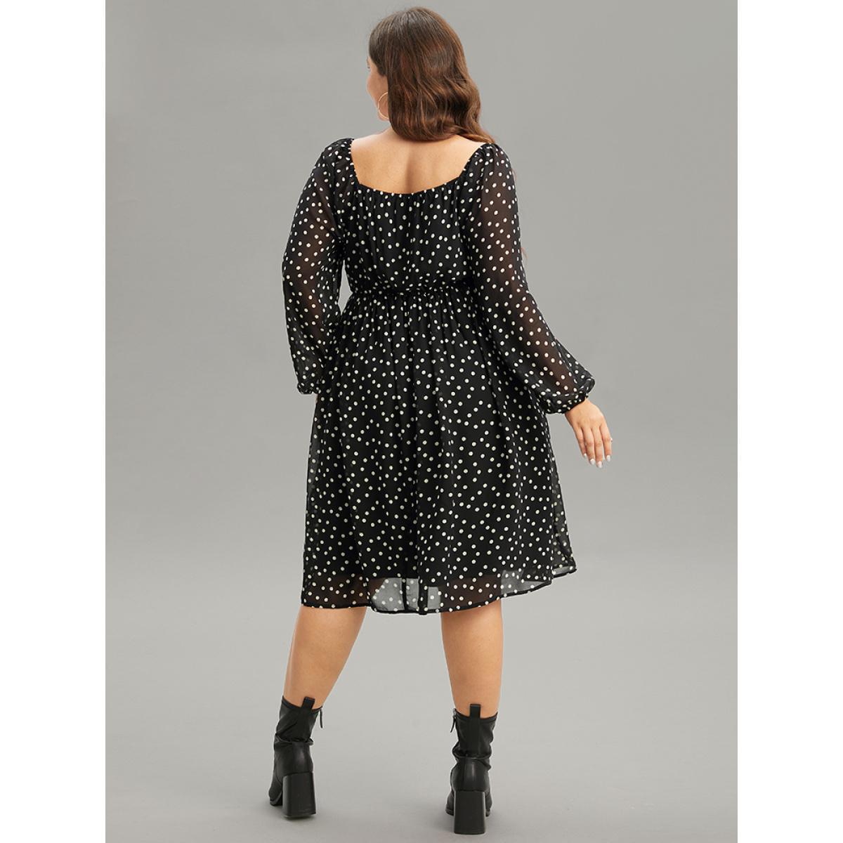 Plus Size Polka Dot Square Neck Gathered Lantern Sleeve Dress Black Women Casual Elastic cuffs Square Neck Long Sleeve Curvy Midi Dress BloomChic 30/6X Product Image