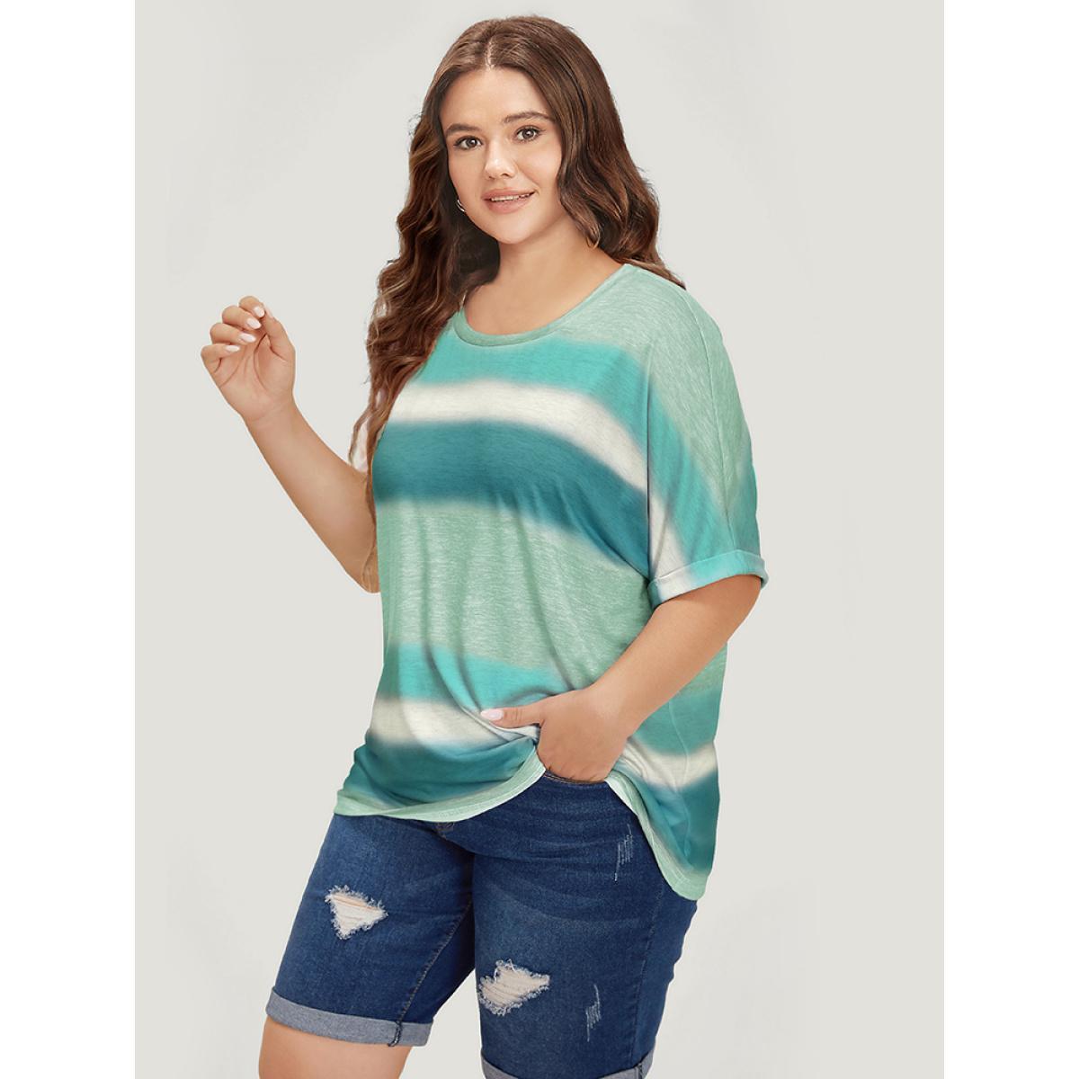 Plus Size Striped Contrast Roll Dolman Sleeve T-shirt Teal Women Casual Contrast Striped Round Neck Everyday T-shirts BloomChic 18-20/2X Product Image