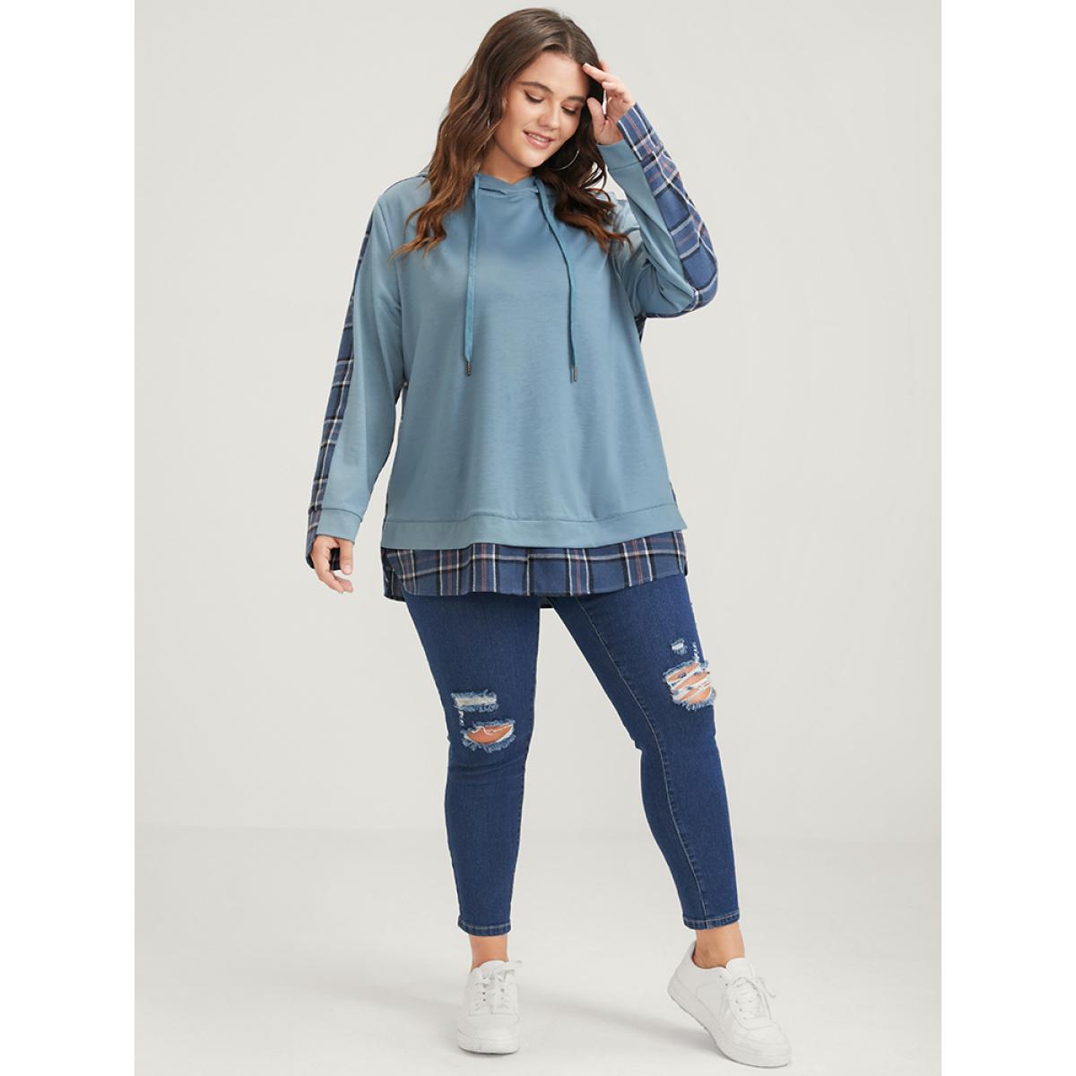 Plus Size Plaid Contrast Asymmetrical Drawstring Hooded Sweatshirt Women DarkBlue Casual Contrast Loose Hooded Dailywear Sweatshirts BloomChic 18-20/2X Product Image
