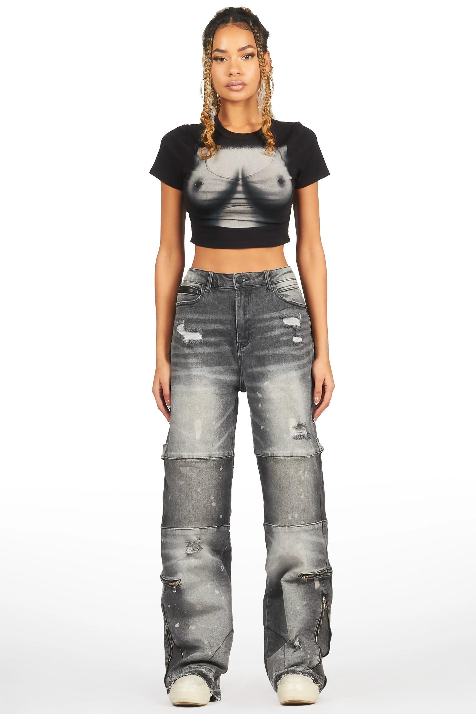 Jordin Grey Wash Baggy Cargo Jean Female Product Image