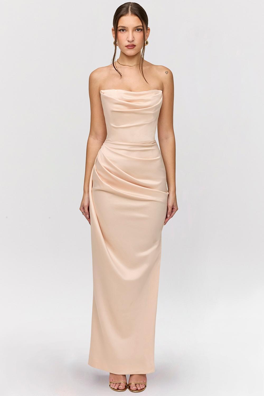 Adrienne Champagne Satin Strapless Gown Product Image