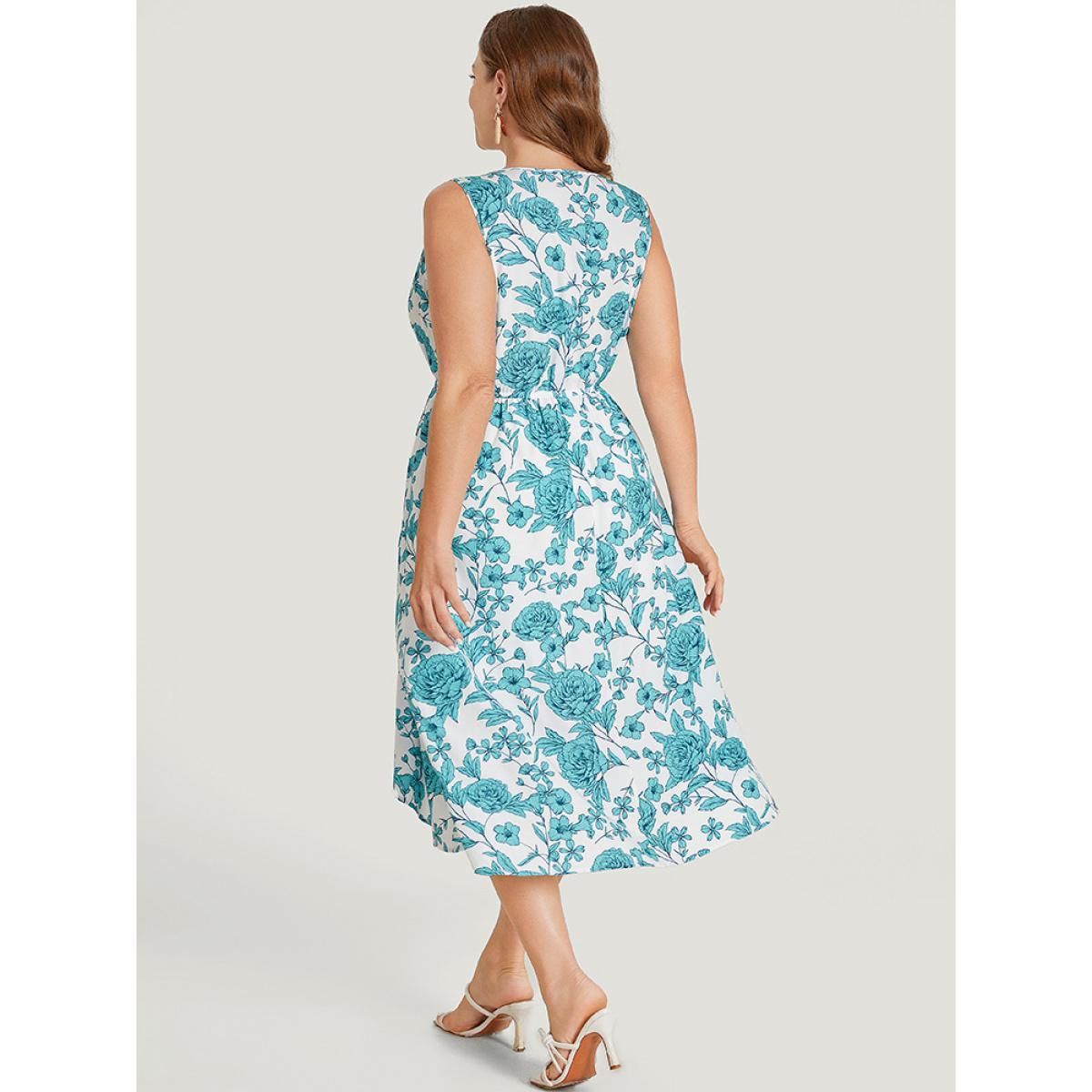 Plus Size Floral Print Pocket V Neck Asymmetrical Hem Tank Dress Teal Women Elegant Lined V-neck Sleeveless Curvy Midi Dress BloomChic 26/4X Product Image
