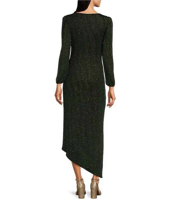 Alex Marie Abigail Two Tone Glitter Lurex High Boat Neck Long Blouson Sleeve Faux Wrap Ruched Asymmetrical Hem Maxi Dress Product Image