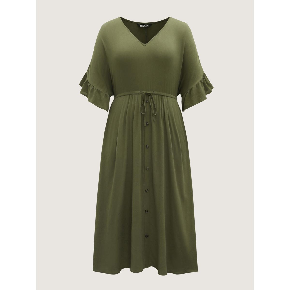 Plus Size Waist-Defining Tie Ruffled Sleeve Midi Dress ArmyGreen Women V-neck Half Sleeve Curvy BloomChic 18-20/2X Product Image