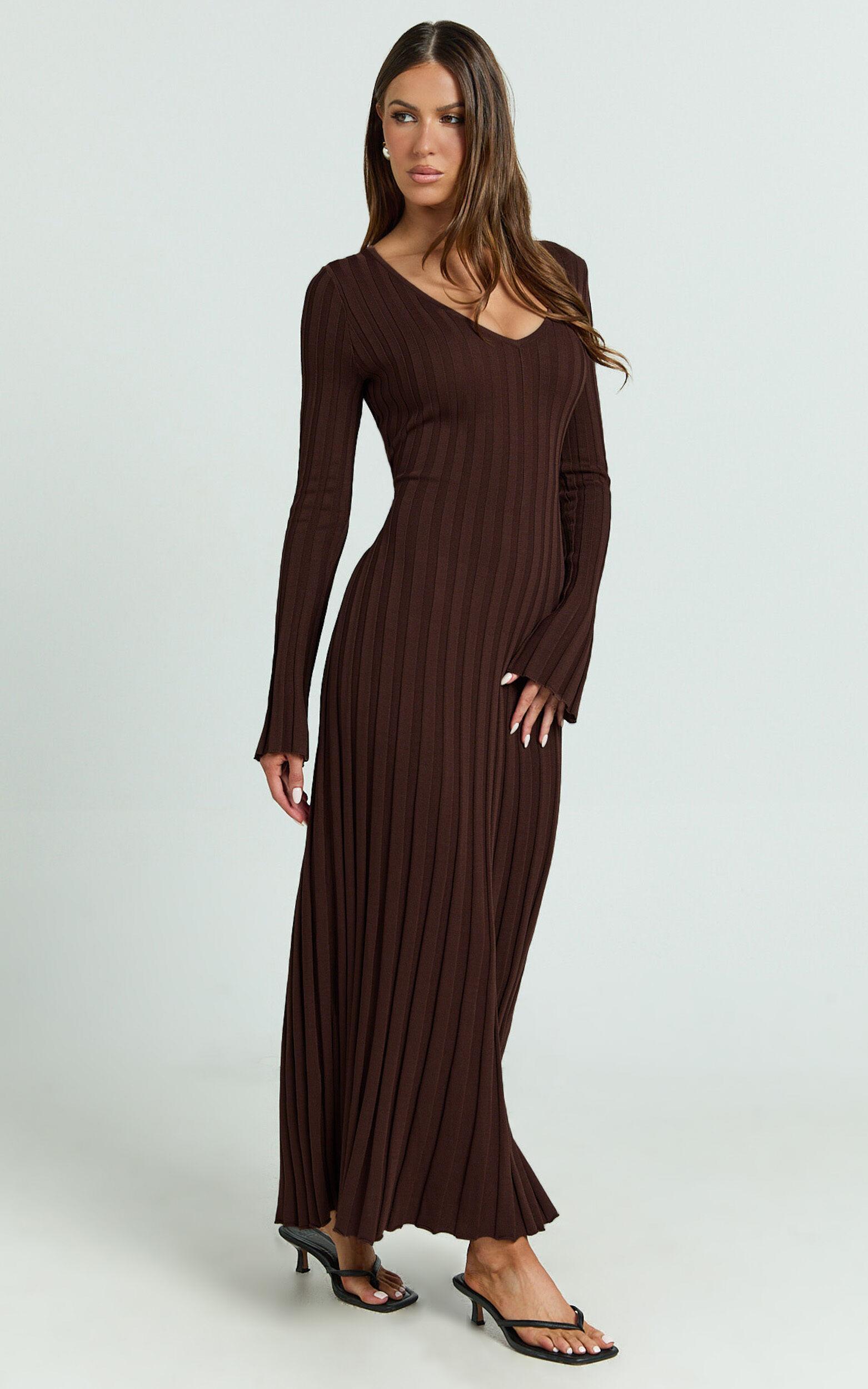 Astra Maxi Dress - V Neck Long Sleeve Knit Dress in Chocolate Product Image