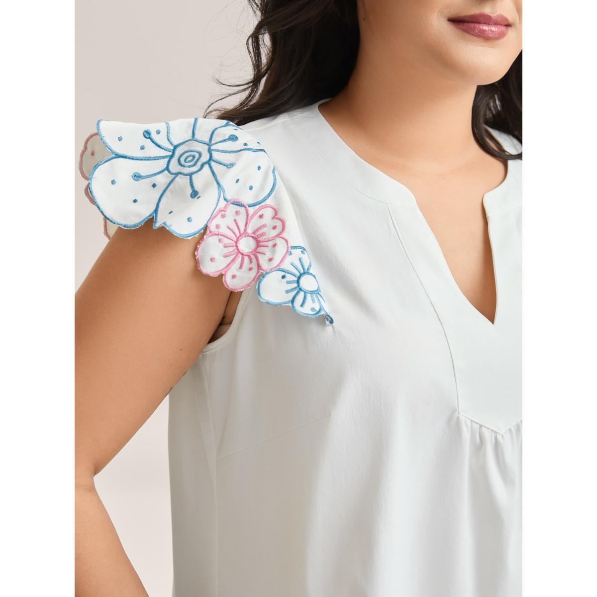 Plus Size Originalwhite Floral Lotus Leaf Sleeve Split Neck Blouse Women Cap Sleeve Notched collar Everyday-Casual Blouses BloomChic 22-24/3X Product Image