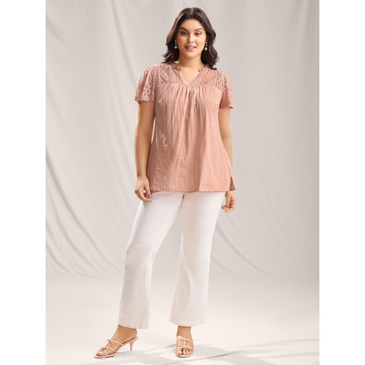 Plus Size Crepe Sheer Notched Collar Textured Spliced Blouse Women Short sleeve Notched collar Everyday-Elegant Blouses BloomChic 14-16/1X Product Image