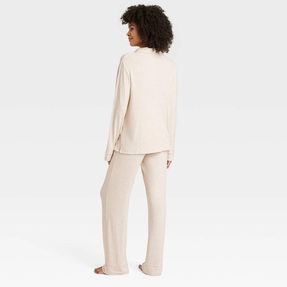 Womens Cozy Ribbed Long Sleeve Notch Collar Shirt and Pants Pajama Set - Auden Oatmeal XL Product Image