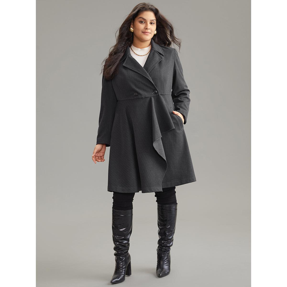 Plus Size Woolen Solid Button Up Ruffle Trim Coat Women Gray Elegant Asymmetrical Ladies Dailywear Winter Coats BloomChic 10/M Product Image