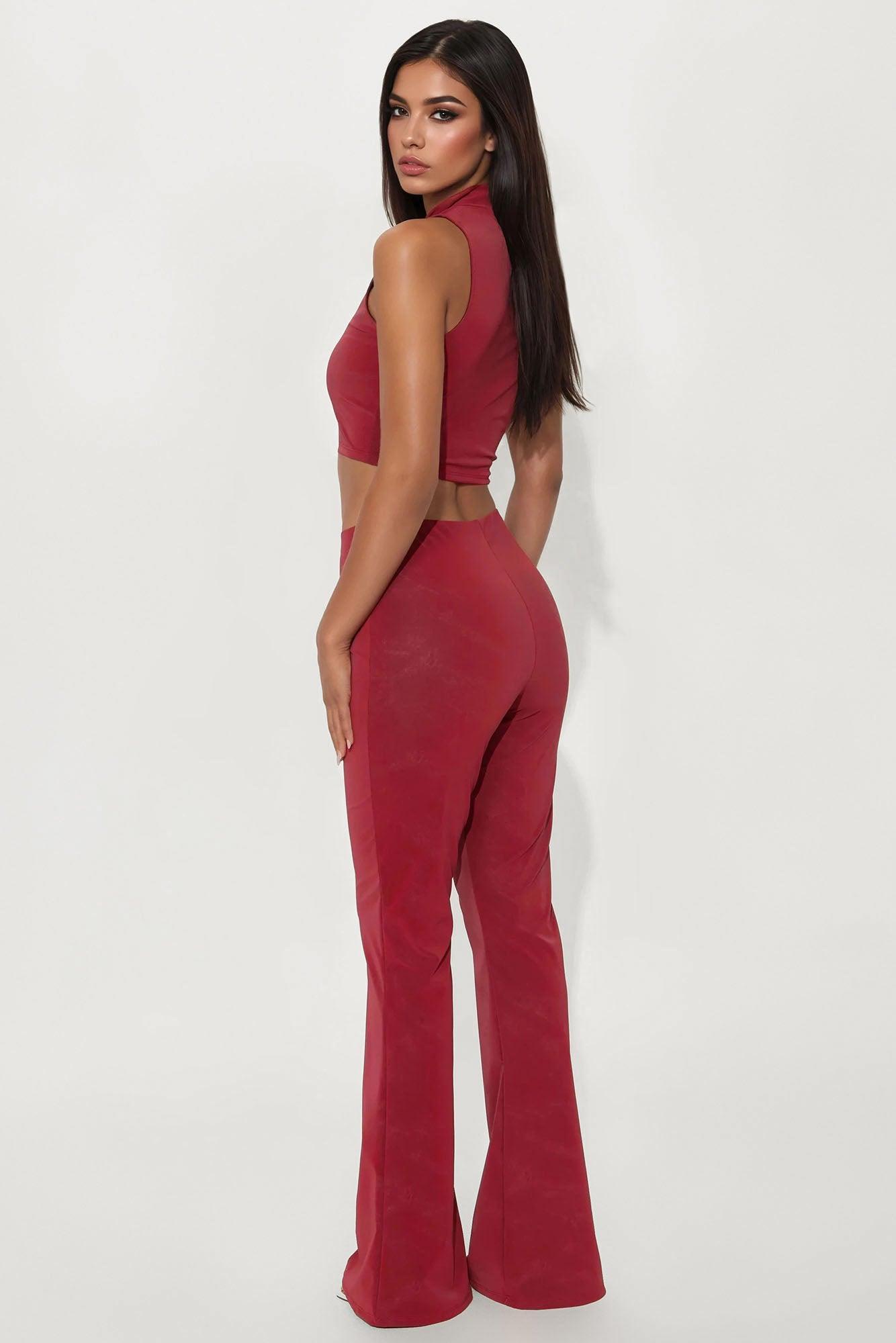Mya Faux Leather Vest Flare Pant Set - Red Female Product Image