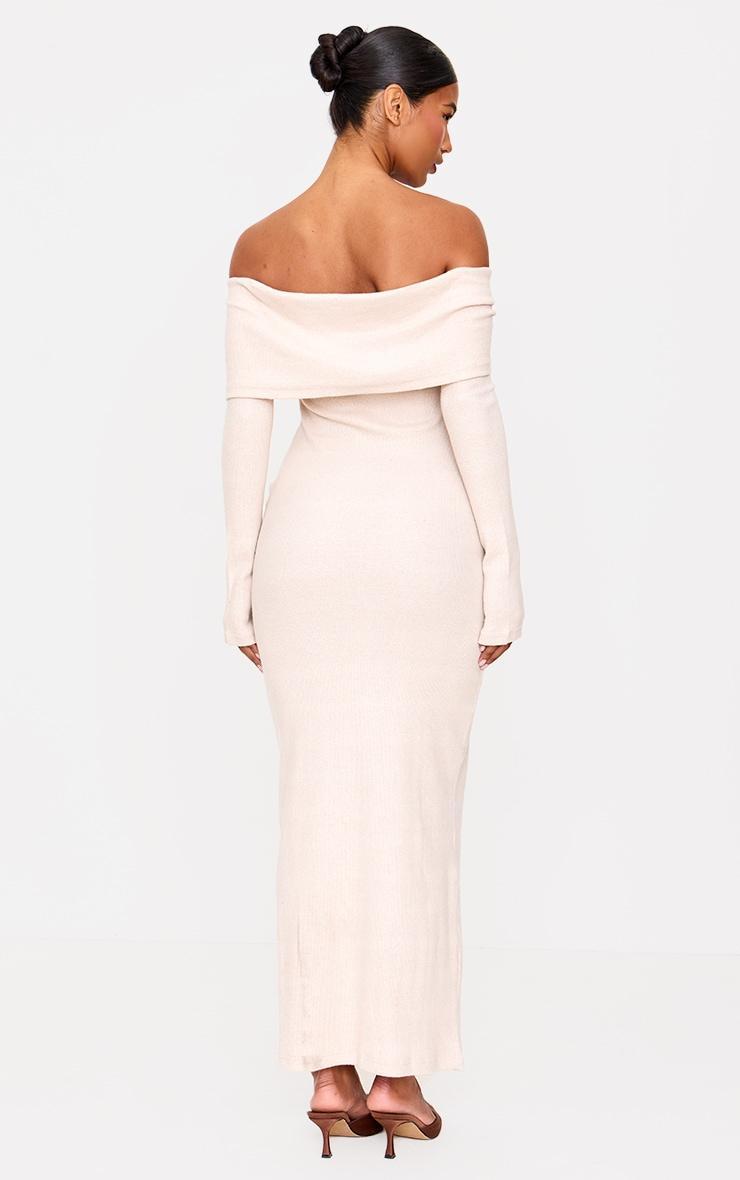 Stone Heavy Brushed Rib Bardot Trim Maxi Dress Product Image