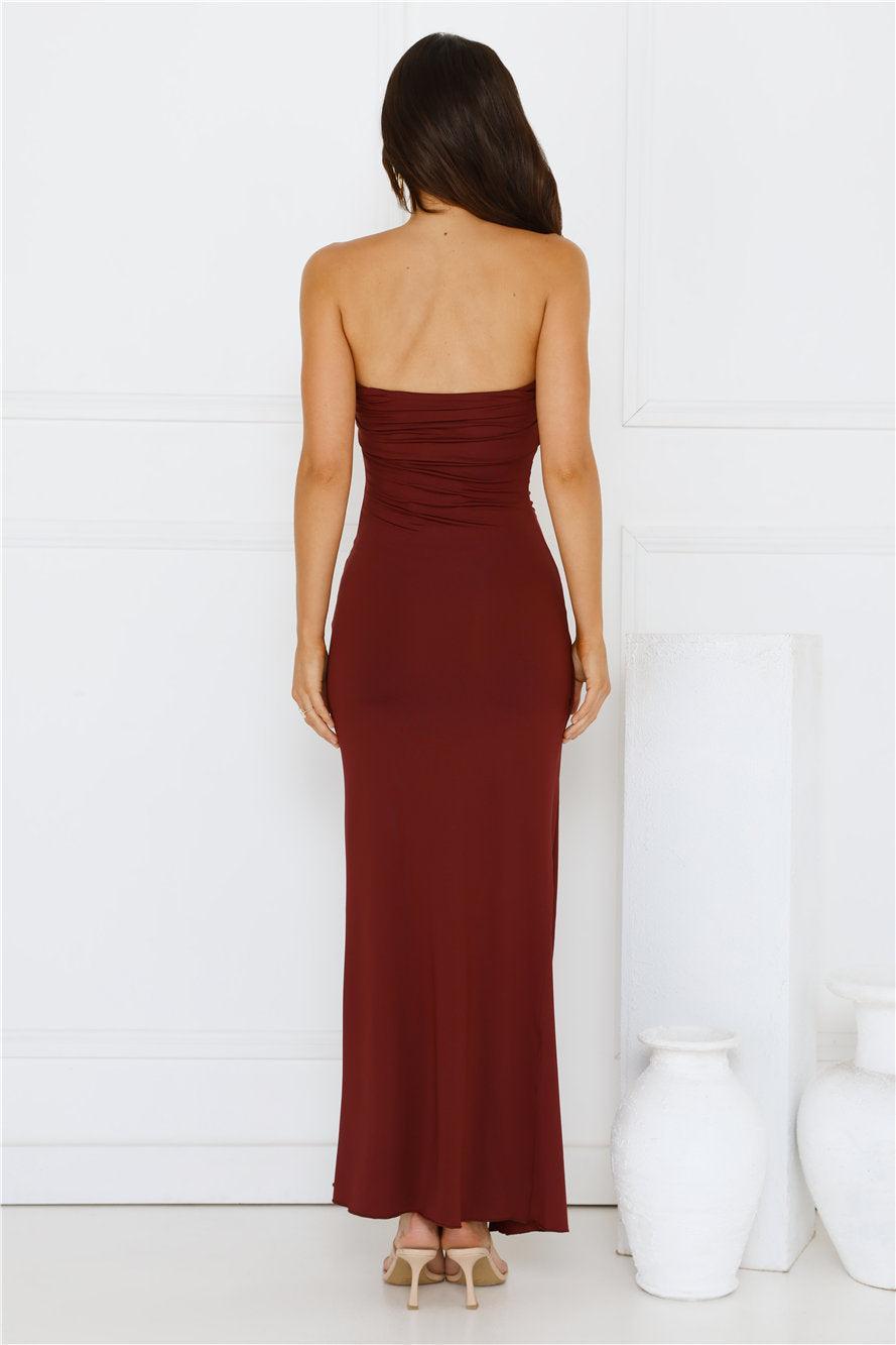 Sunshine Shuffle Strapless Maxi Dress Burgundy Product Image