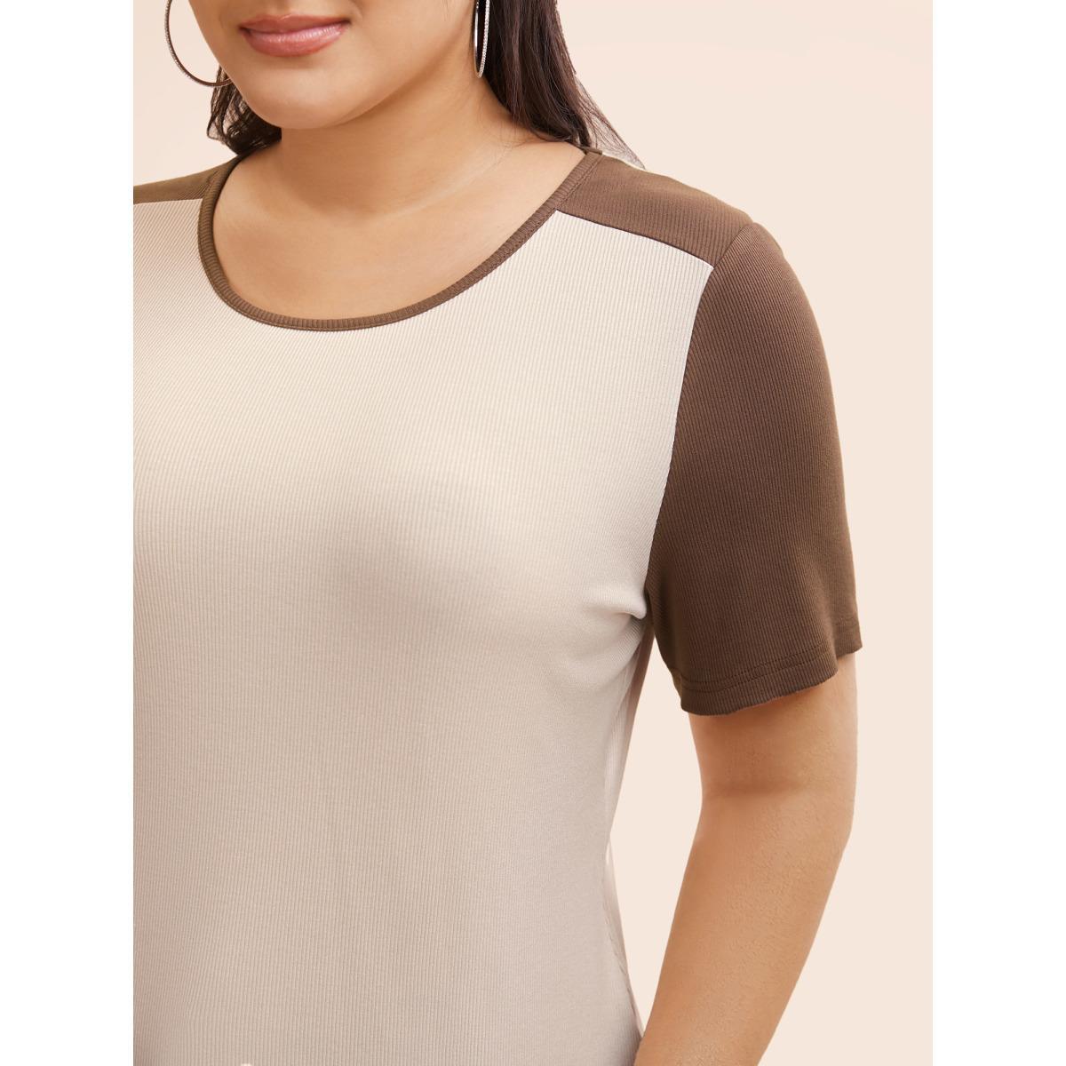 Plus Size Crew Neck Contrast Patchwork Rib Knit T-shirt Apricot Women Casual Texture Round Neck Bodycon Everyday T-shirts BloomChic 12/L Product Image