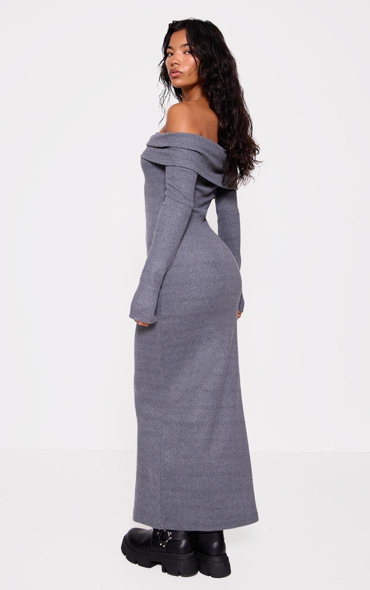 Charcoal Heavy Brushed Rib Bardot Trim Maxi Dress Product Image