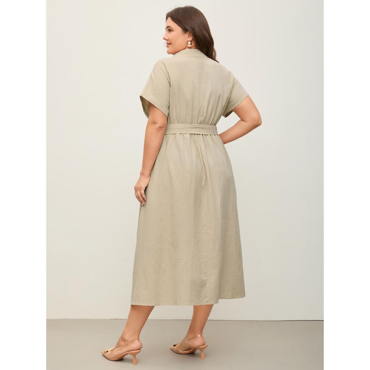 Plus Size Pure Cotton Button-Front Belted Midi Dress Apricot Women Belted Shirt collar Short sleeve Curvy BloomChic 10/M Product Image