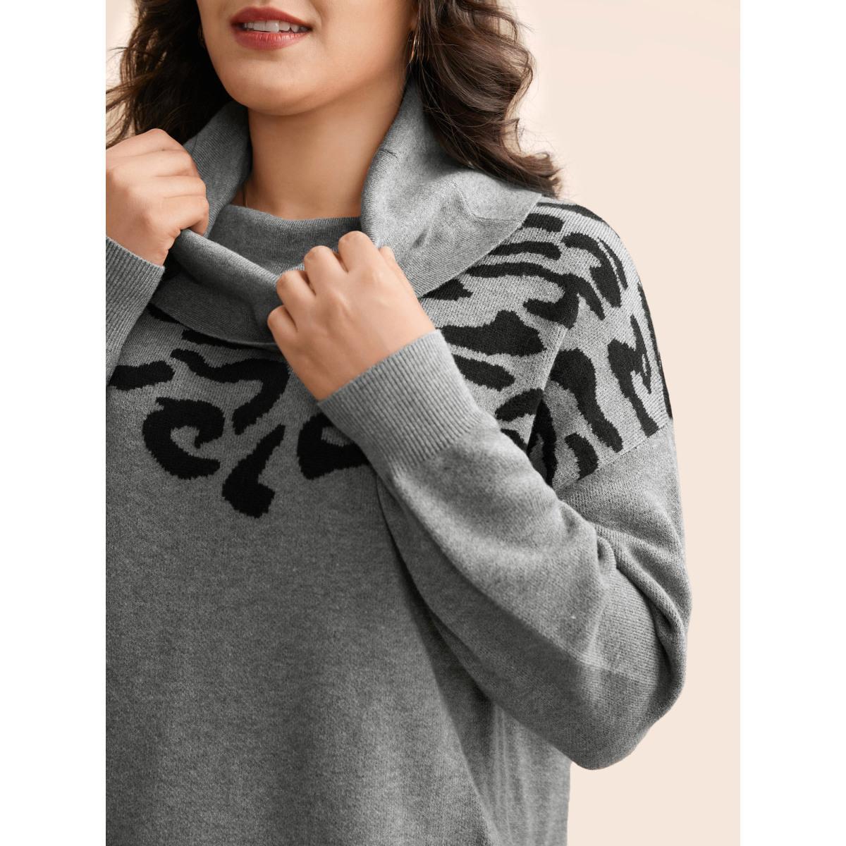 Plus Size Leopard Print Turtleneck Drop Shoulder Sleeve Pullover DarkGray Women Casual Long Sleeve Turtleneck Everyday Pullovers BloomChic 14-16/1X Product Image