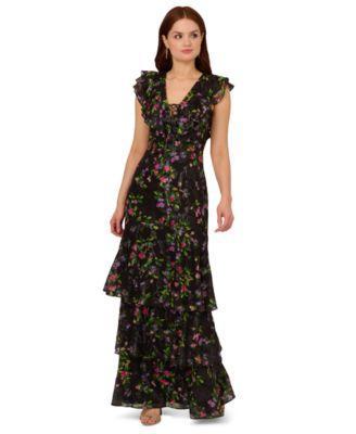 Adrianna Papell Womens Printed Flutter-Sleeve Tiered Gown Product Image