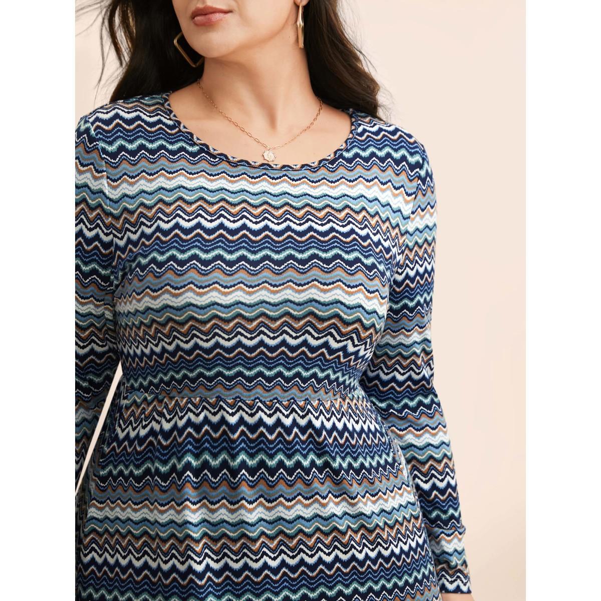 Plus Size Contrast Striped Crew Neck Midi Knit Dress Aegean Women Casual Contrast Knit Dresses Bloomchic 22-24/3X Product Image