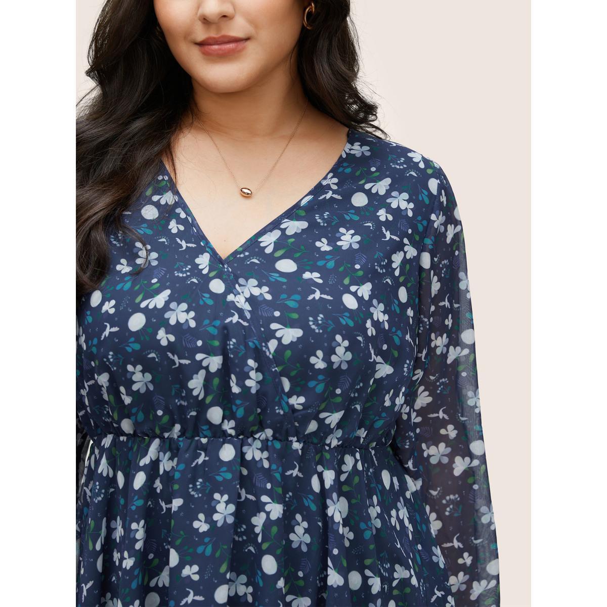 Plus Size Indigo Floral Wrap Elastic Waist Mesh Patchwork Blouse Women Elegant Long Sleeve V-neck Party Blouses BloomChic 14-16/1X Product Image