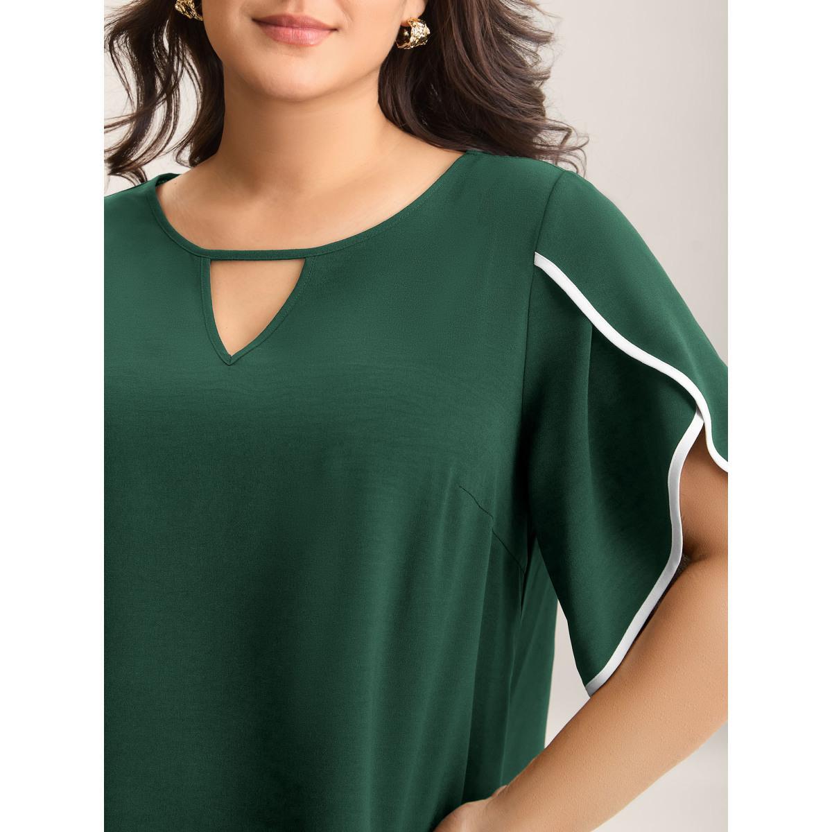 Plus Size DarkGreen Color Contrast Petal Sleeve Shirt Women Half Sleeve Round Neck Work Blouses BloomChic 30/6X Product Image