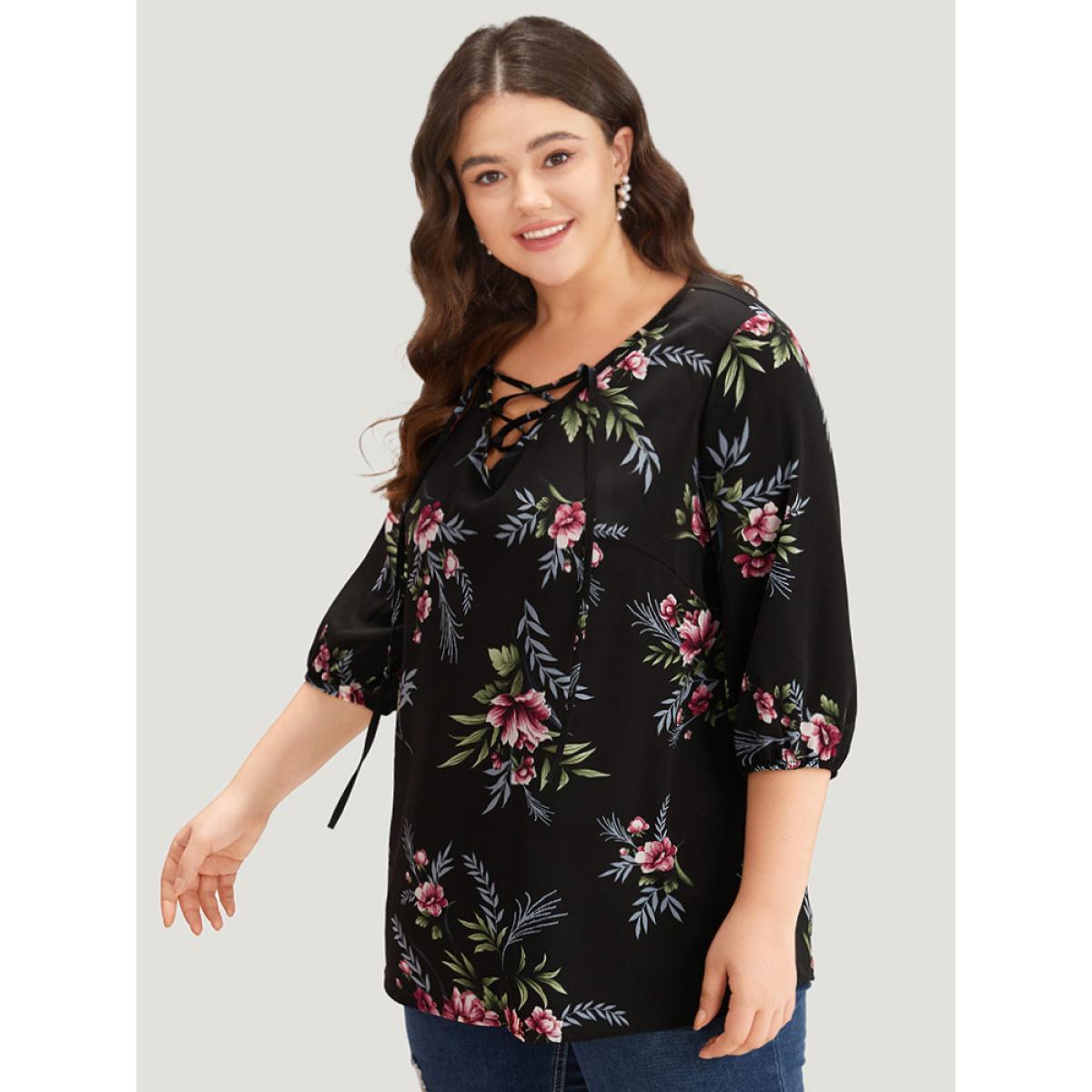 Plus Size Black Floral Print Lace Up Lantern Sleeve Blouse Women Elegant Half Sleeve V-neck Dailywear Blouses BloomChic 10/M Product Image