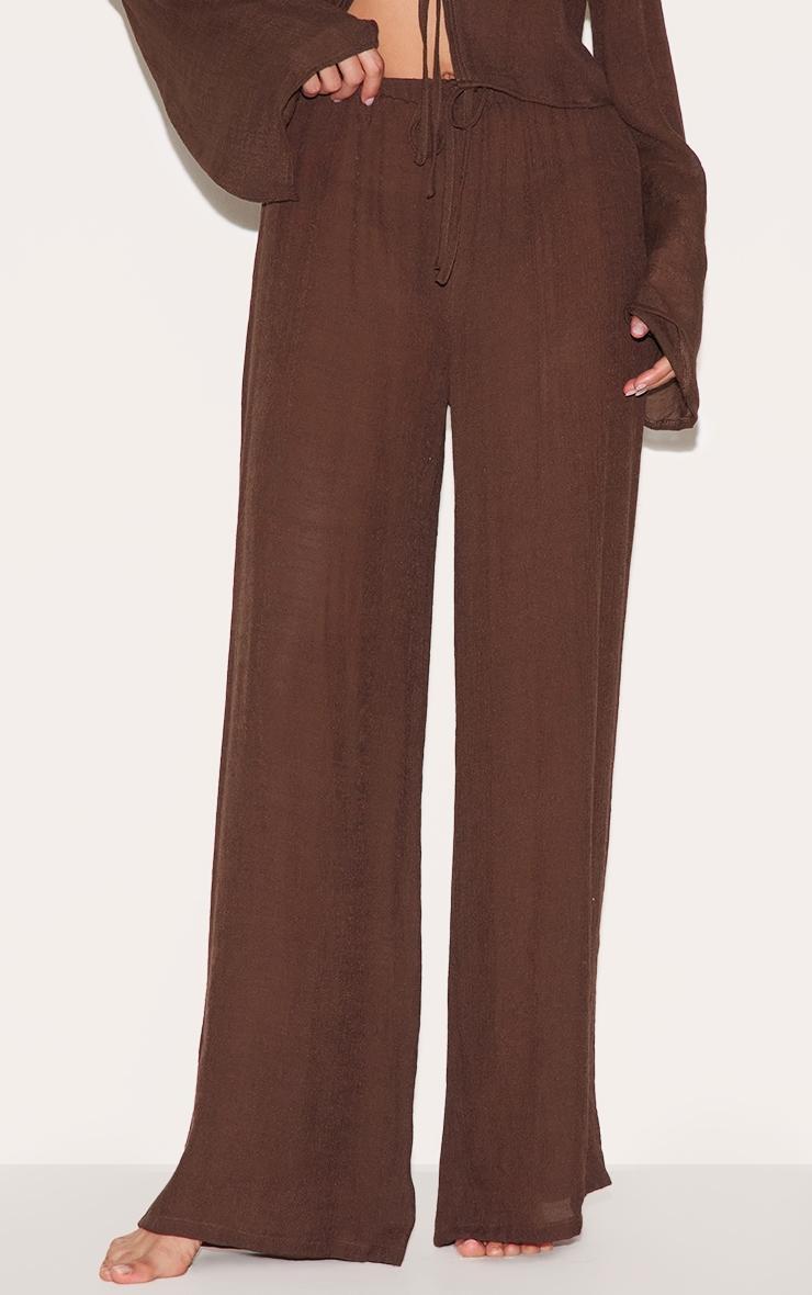 Brown Wide Leg Textured Woven Beach Pants Product Image