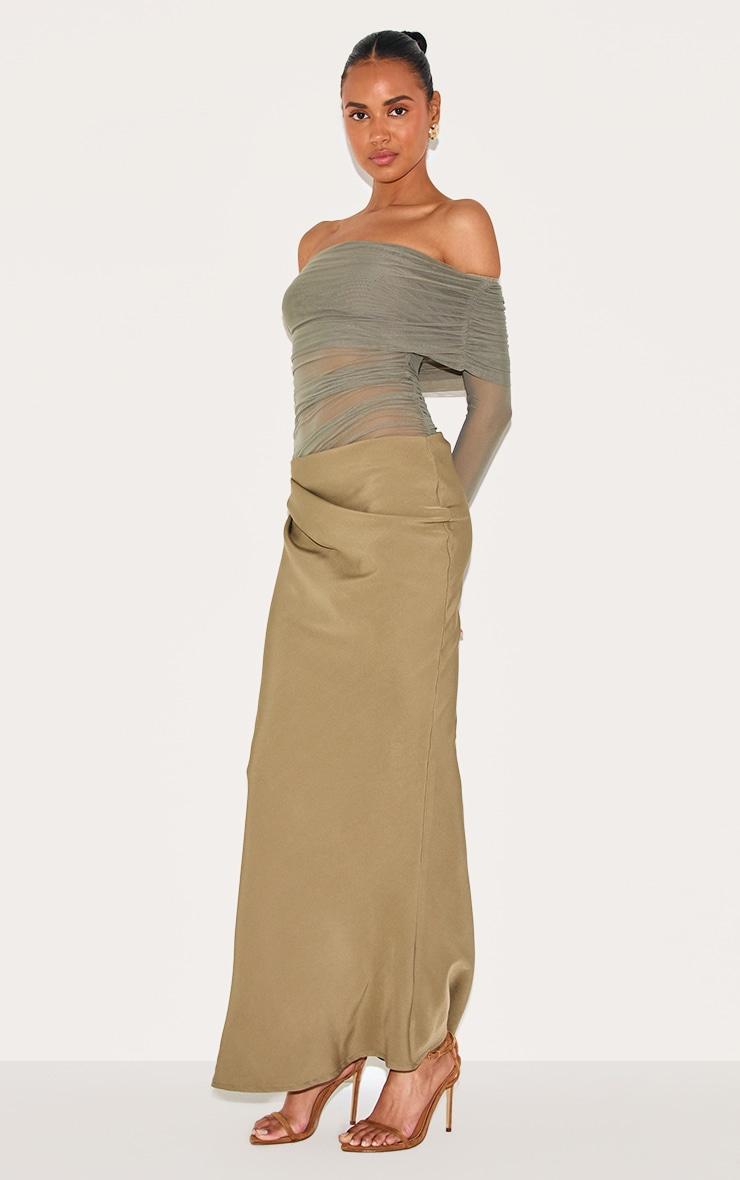  Olive Satin Mesh Detail Bardot Maxi Dress Product Image
