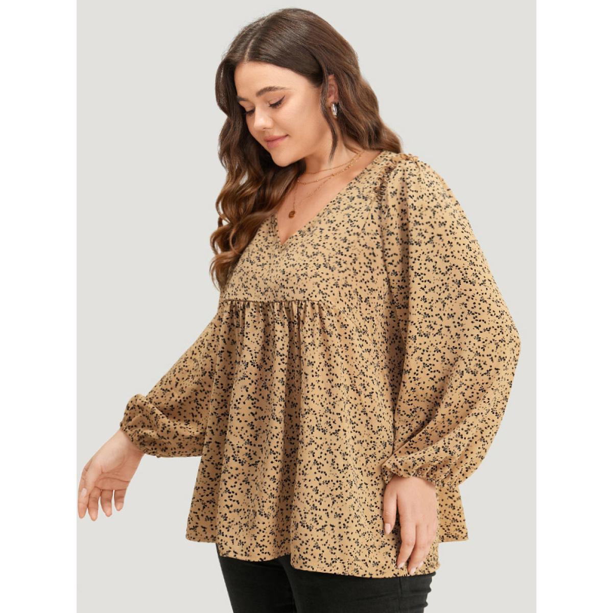 Plus Size LightBrown Ditsy Floral Shirred V Neck Frill Trim Blouse Women Elegant Long Sleeve V-neck Dailywear Blouses BloomChic 28/5X Product Image