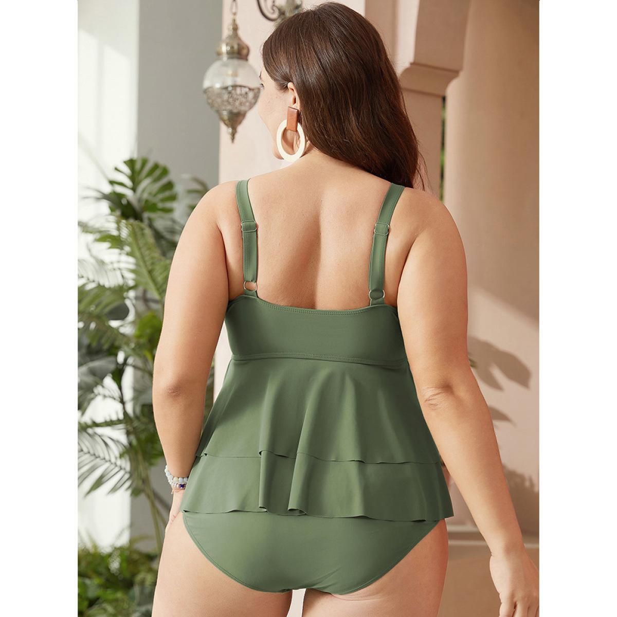 Plus Size Sculpt Waist Flutter Tiered Hem One Piece Swimsuit Women's Swimwear ArmyGreen Vacation Adjustable Straps Curve Bathing Suits High stretch One Pieces BloomChic 28/5X Product Image