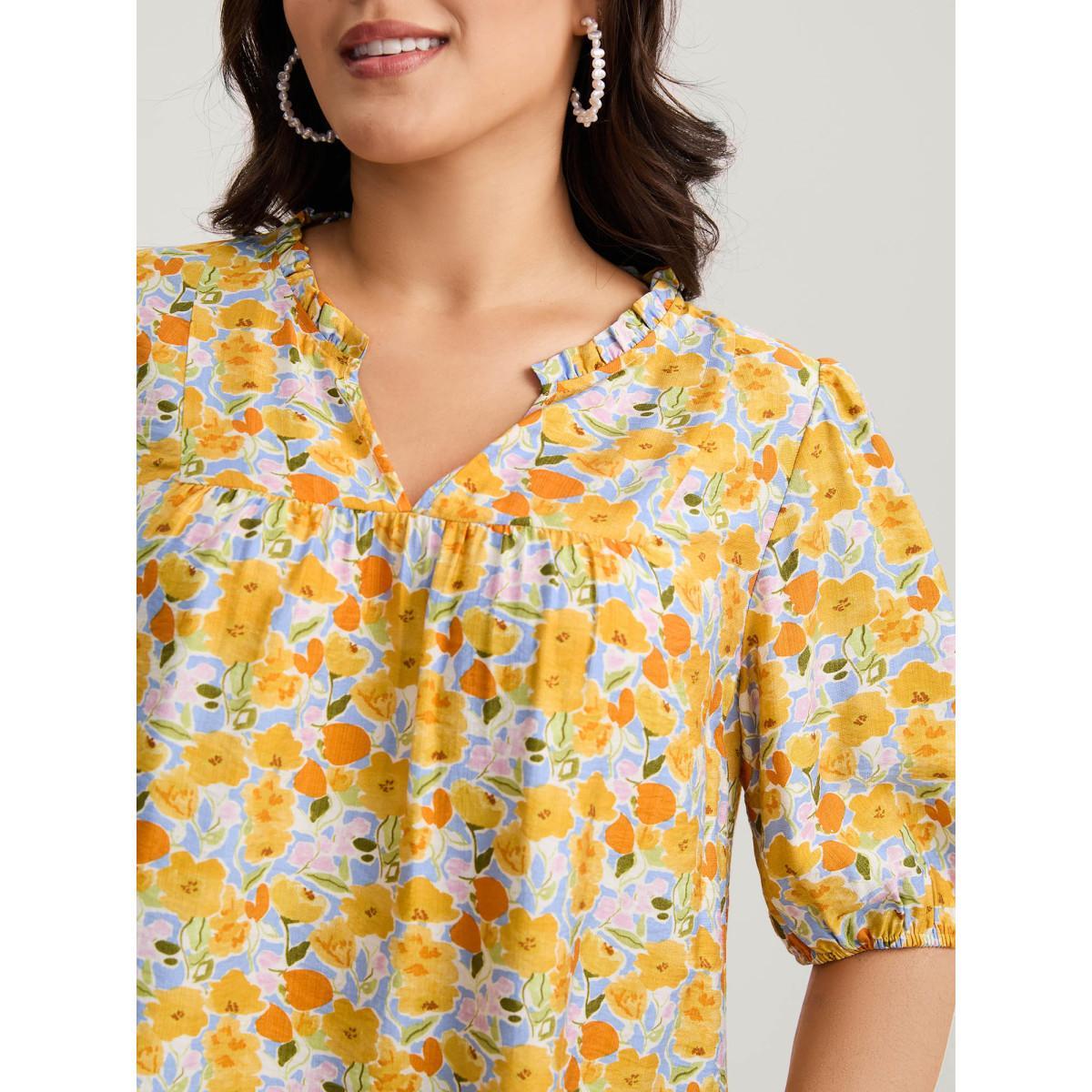 Plus Size LightBlue Rayon Ruffled Notched Collar Blouse Women Half Sleeve Notched collar Everyday-Elegant Blouses BloomChic 30/6X Product Image