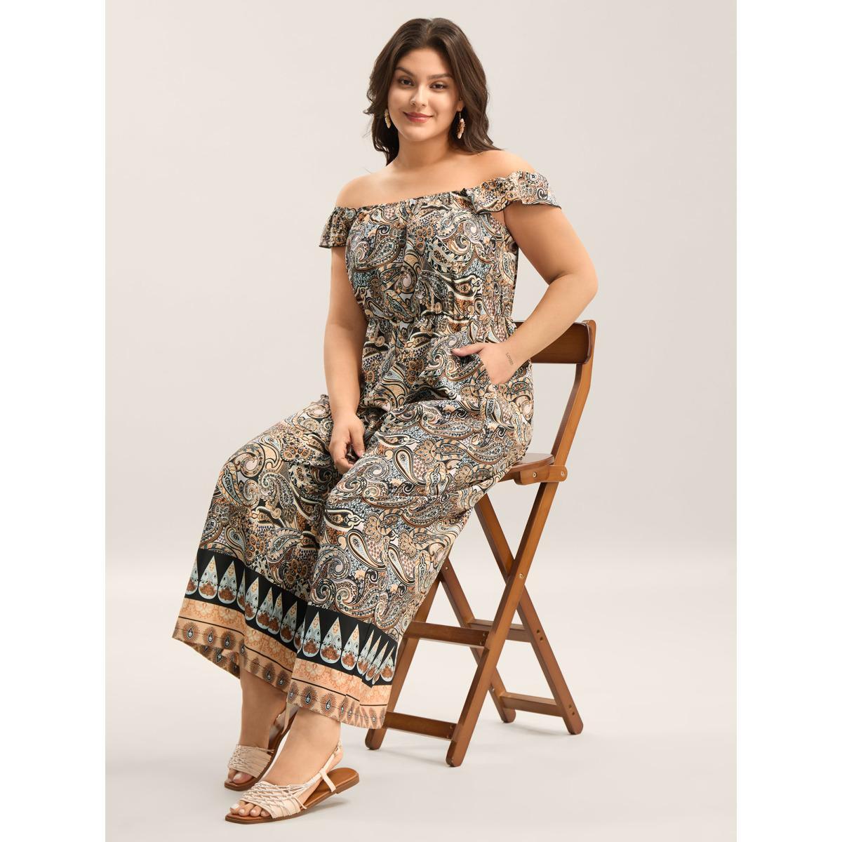 Plus Size BlackFlower Paisley Print Stretchy Waist Pockets Jumpsuit Women Sleeveless Square Neck Vacation Loose Jumpsuits BloomChic 10/M Product Image