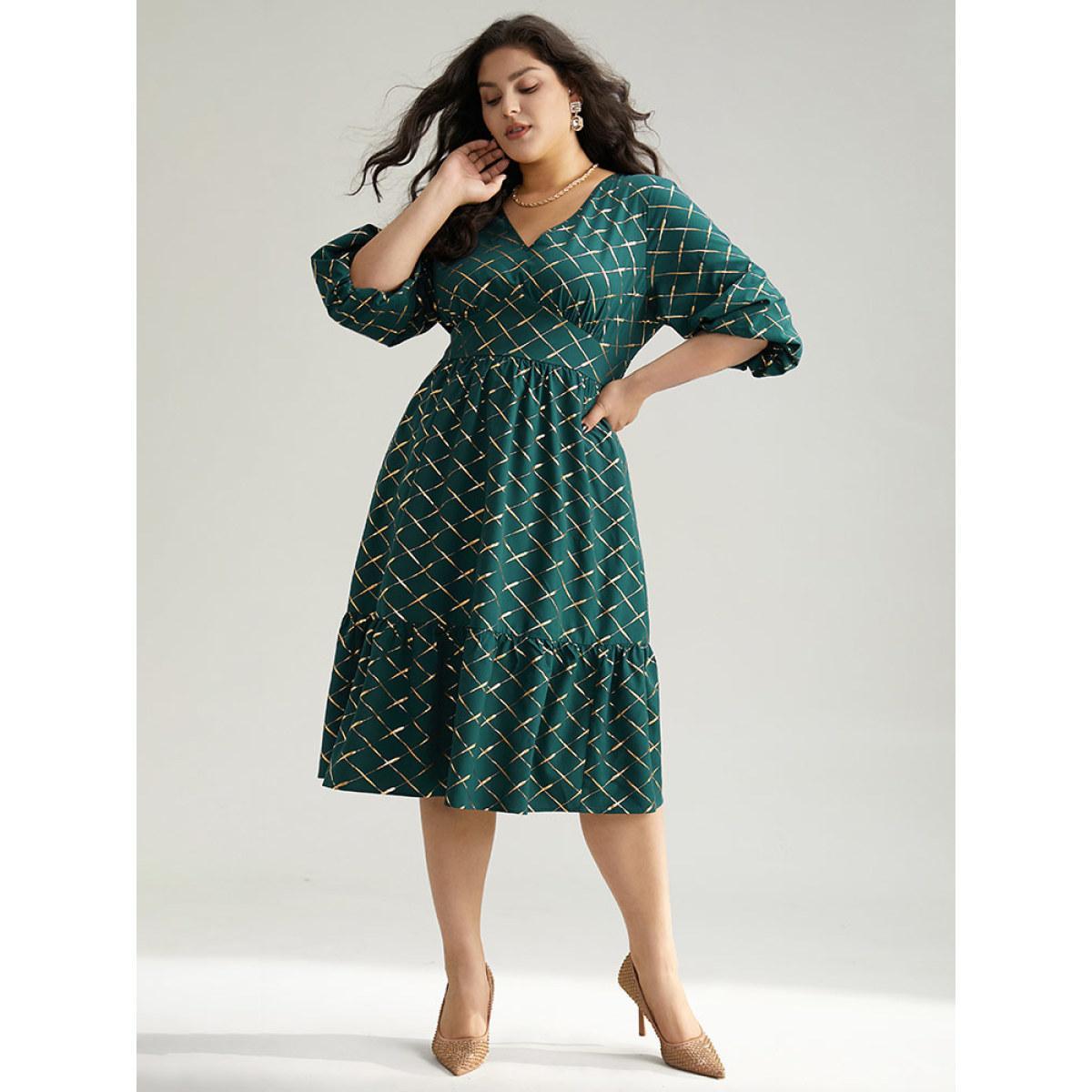 Plus Size Glitter Plaid Lantern Sleeve Ruffle Hem Dress DarkGreen Women Party Elastic cuffs V-neck Elbow-length sleeve Curvy Midi Dress BloomChic 28/5X Product Image