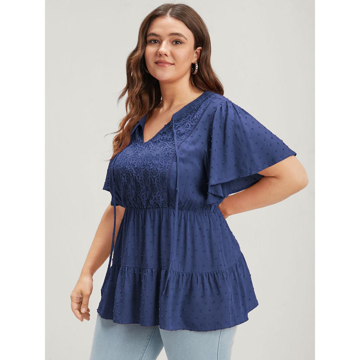 Plus Size DarkBlue Plain Crochet Lace Embroidered Ruffles Ties Neck Blouse Women Elegant Short sleeve V-neck Dailywear Blouses BloomChic 18-20/2X Product Image