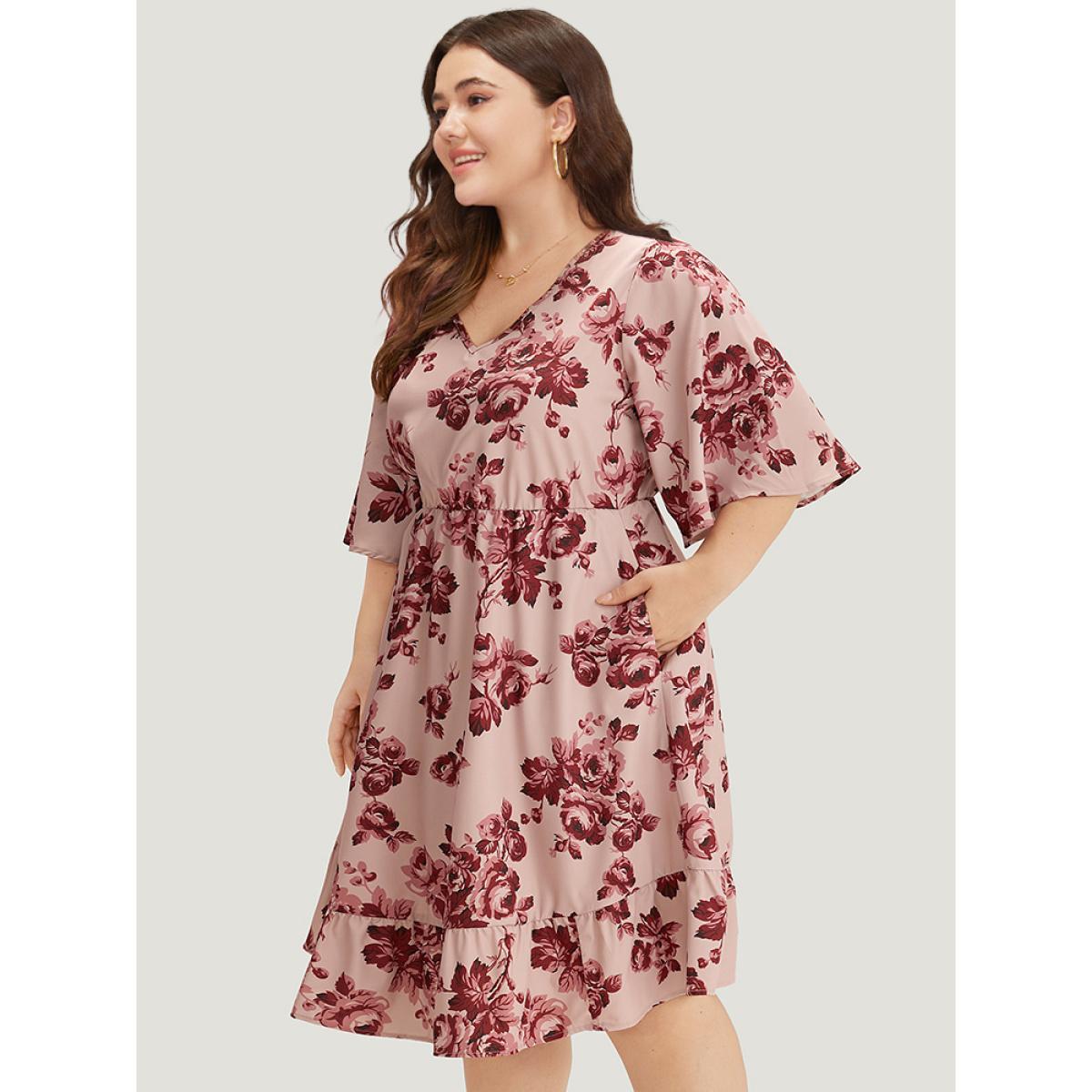Plus Size Floral Print Pocket Flounce Sleeve Ruffle Dress DustyPink Women Elegant Printed V-neck Half Sleeve Curvy Midi Dress BloomChic 14-16/1X Product Image