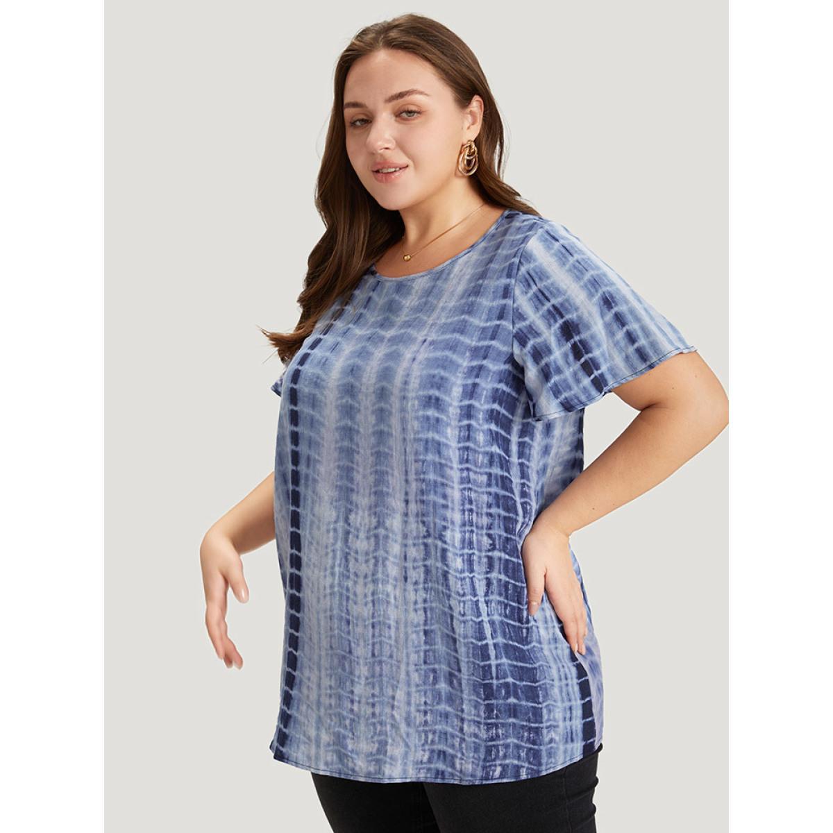 Plus Size Blue Tie Dye Ruffle Sleeve Crew Neck Blouse Women Vacation Short sleeve Round Neck Dailywear Blouses BloomChic 14-16/1X Product Image