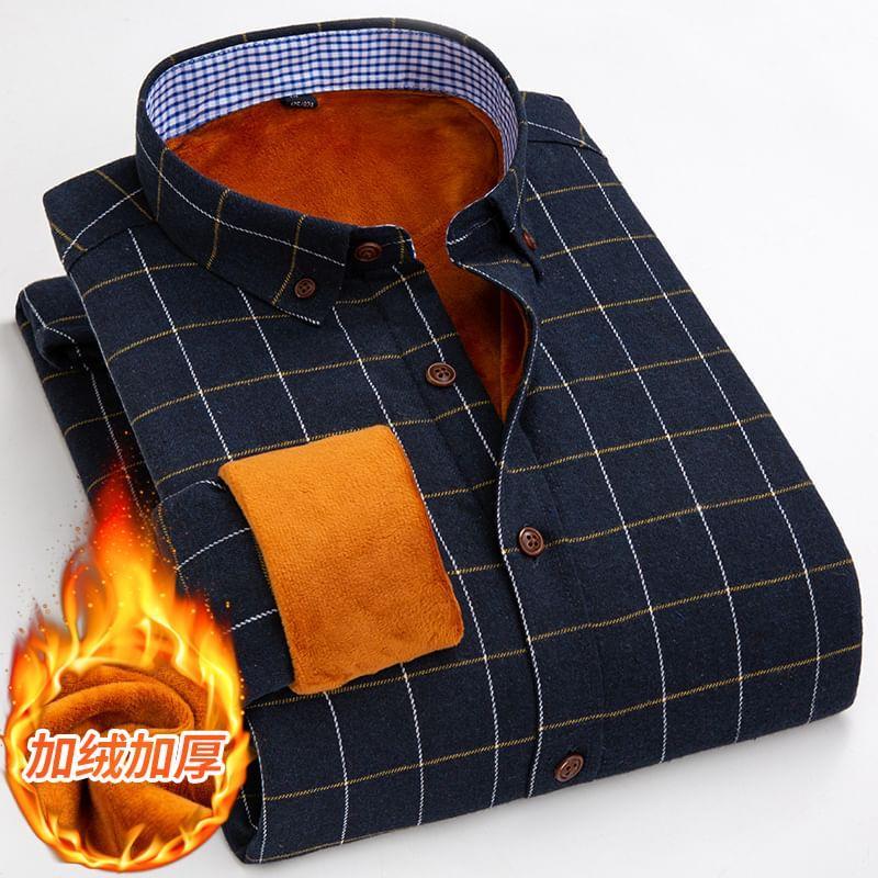 Long Sleeve Collared Plaid Fleece Lined Button Shirt Product Image
